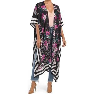 Steve Madden Womens One Size Border Striped Cheetah Floral Topper Kimono Rayon